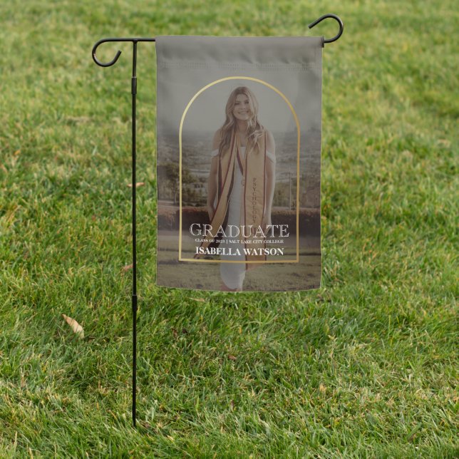 Modern Gold Arch Photo Grad Party Garden Flag (In SItu)