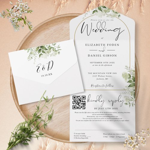 Modern Gold Arch QR Code Greenery Wedding All In One Invitation