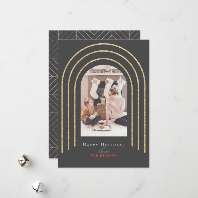 Modern Gold Arches Photo Christmas Dark Gray Holiday Card (Front/Back In Situ)