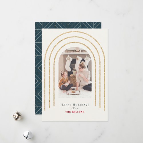 Modern Gold Arches Photo Christmas Navy Holiday Card