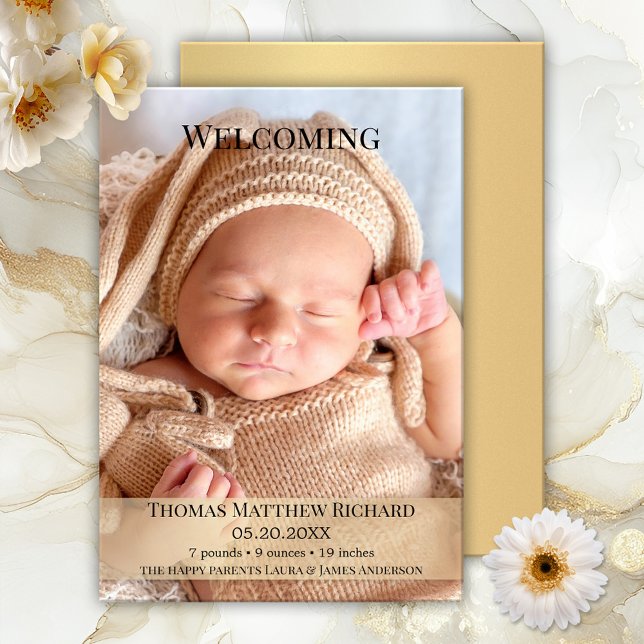 Modern Gold Baby Birth Photo Announcement Card (Elegant birth announcement card featuring a photo of your baby with a soft gold stylized overlay)