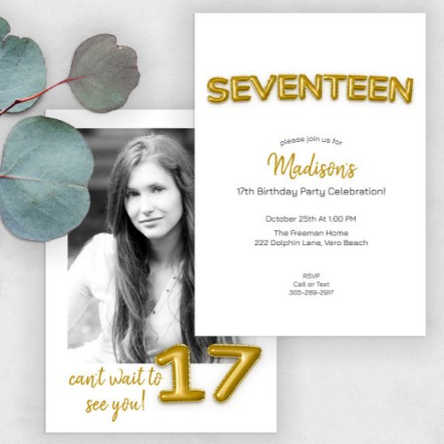 Modern Gold Balloon 17th Birthday Party Photo  Invitation