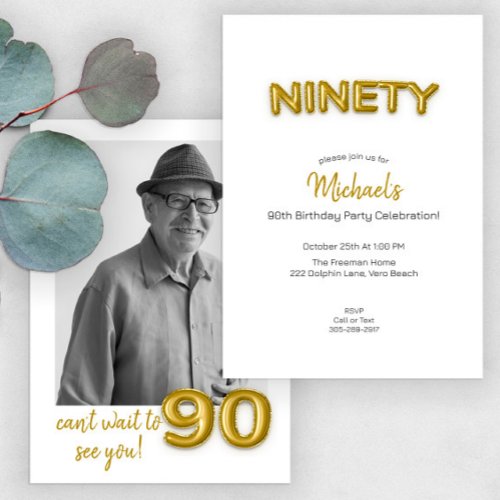 Modern Gold Balloon 90th Birthday Party Photo  Invitation