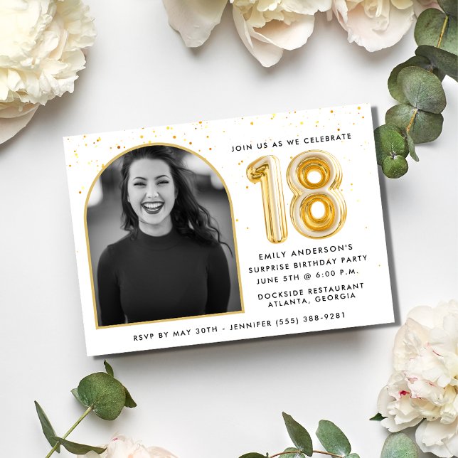 Modern Gold Balloon Confetti 18th Birthday Party  Invitation (Modern Gold Balloon Confetti 18th Birthday Party Invitation)