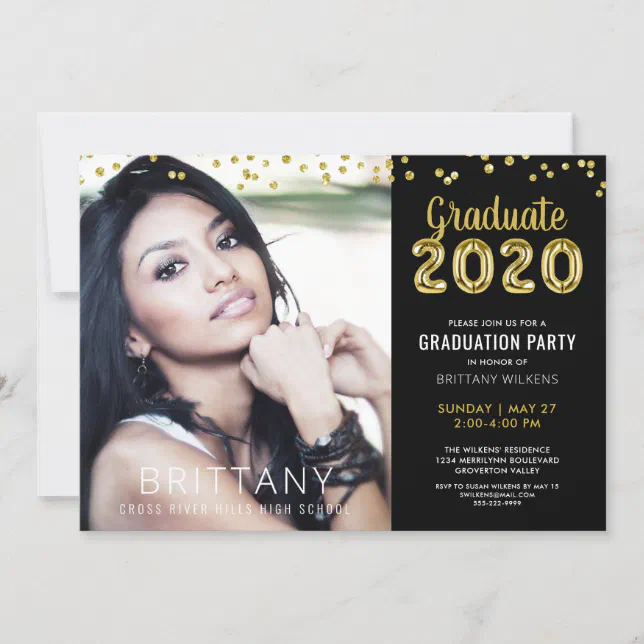 Modern Gold Balloon Number 2020 Black Graduation Invitation | Zazzle