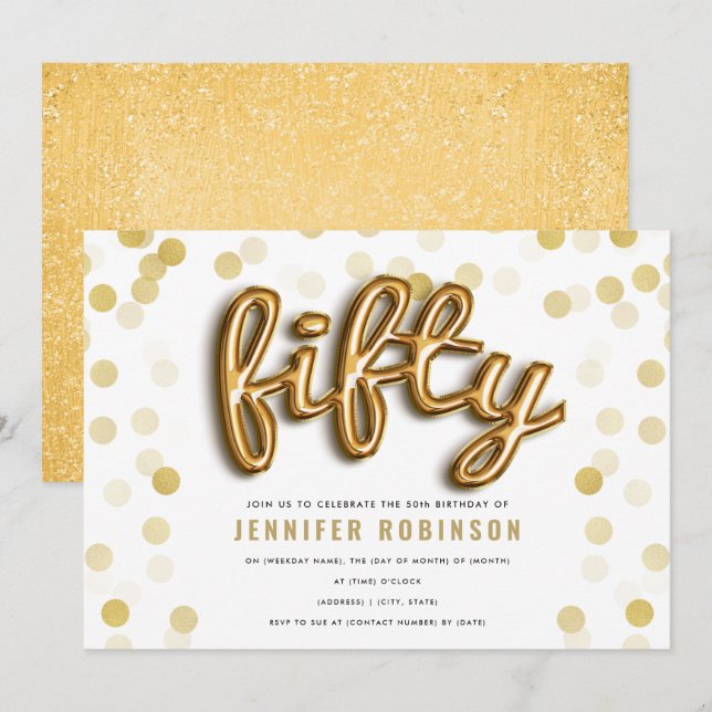 Modern Gold Balloons Glitter 50th Birthday Invitation (Front/Back)