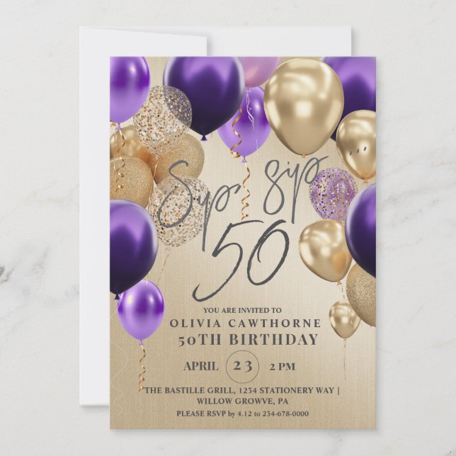 Modern Gold Balloons Purple 50th Birthday Party  Invitation (Front)