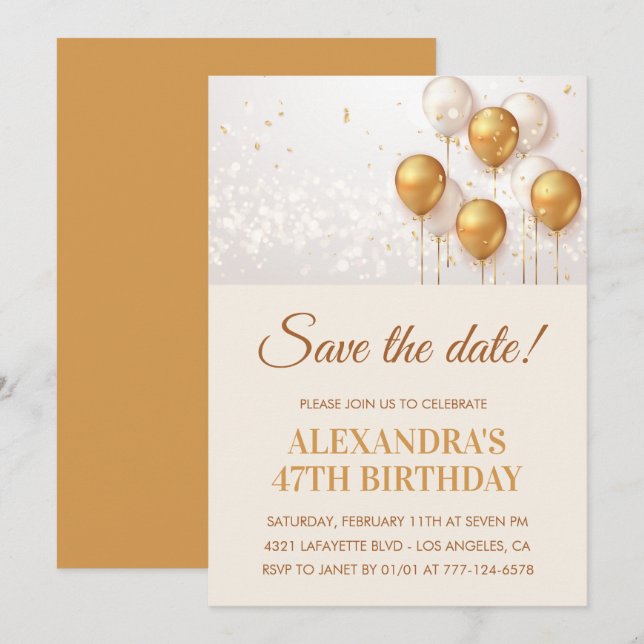 Modern Gold Balloons Save the date 47th birthday Invitation (Front/Back)