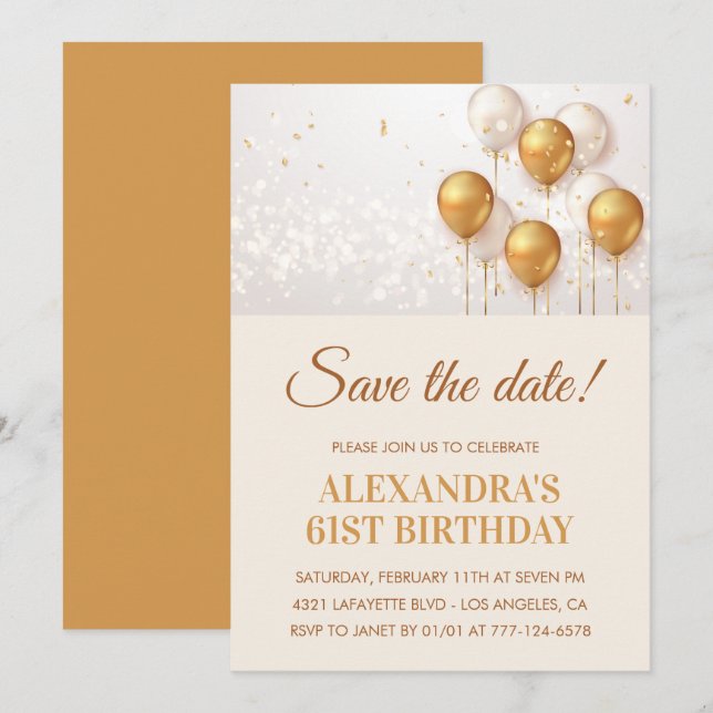 Modern Gold Balloons Save the date 61st birthday Invitation (Front/Back)