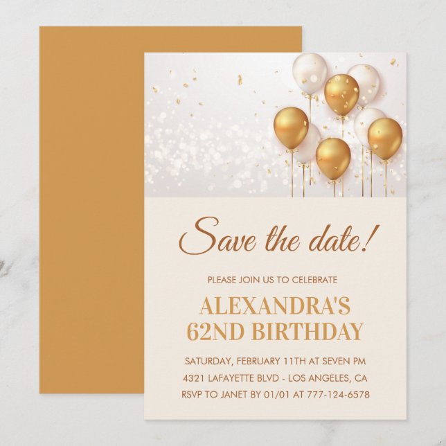 Modern Gold Balloons Save the date 62nd birthday Invitation (Front/Back)