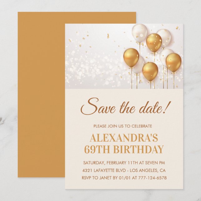 Modern Gold Balloons Save the date 69th birthday Invitation (Front/Back)
