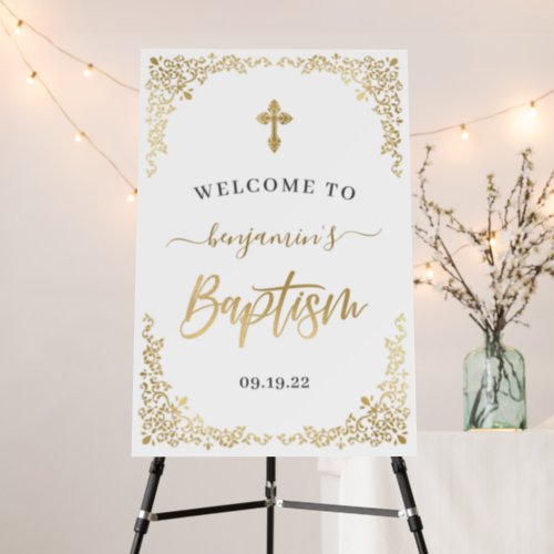 Modern Gold Baptism Botanical Welcome  Foam Board