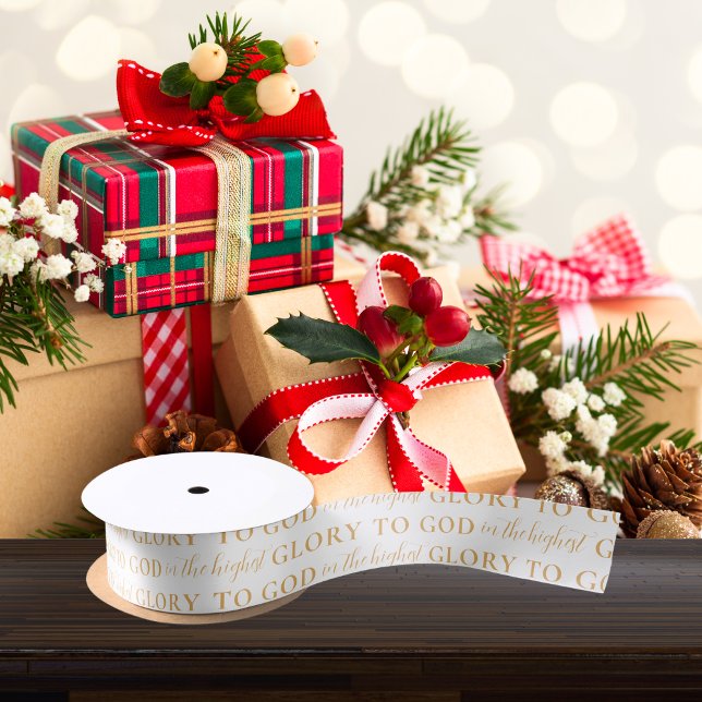 Modern Gold Bible Verse Religious Christmas Satin Ribbon (Modern, gold and white, Glory to God Bible verse, religious Christmas gift wrap ribbon)
