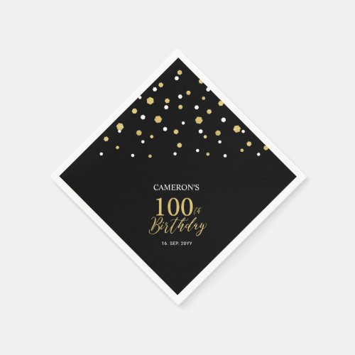 Modern Gold  Black 100th Birthday Party Napkins