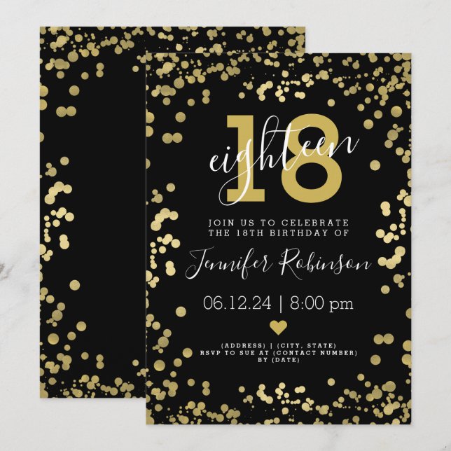 Modern Gold & Black 18th Birthday Party  Foil Dots Invitation (Front/Back)