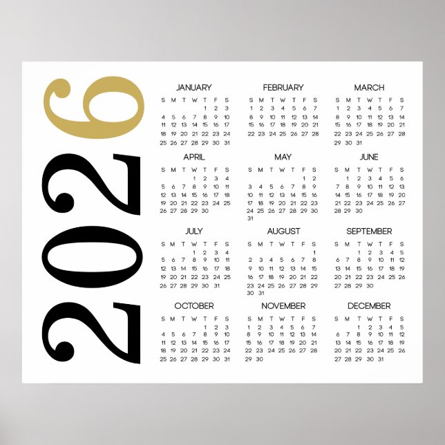 Modern Gold Black 2026 Calendar Poster (Front)