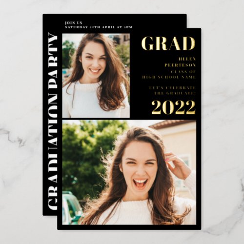 Modern gold black 3 photos graduation foil invitation