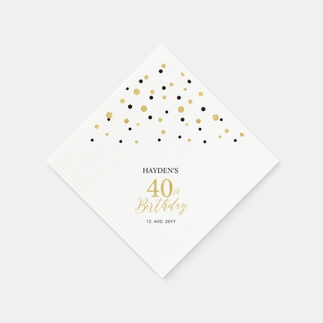 Modern Gold & Black 40th Birthday Party Napkins (Corner)