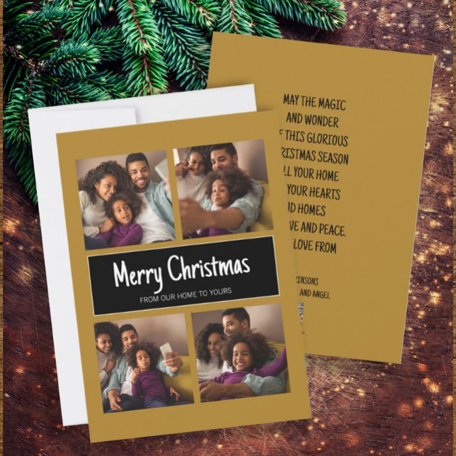 Modern Gold Black 4 Photo Collage Merry Christmas Holiday Card (Gold and black 4 -photo Christmas greeting card.)