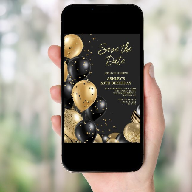 Modern Gold Black 50th Birthday Invitation (Front Digital)