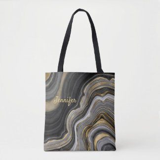 Modern Gold Black Agate Crystal Personalize Name Tote Bag