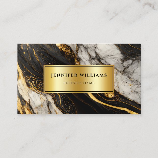 Modern Gold Black and White Marble QR Code Business Card (Front)