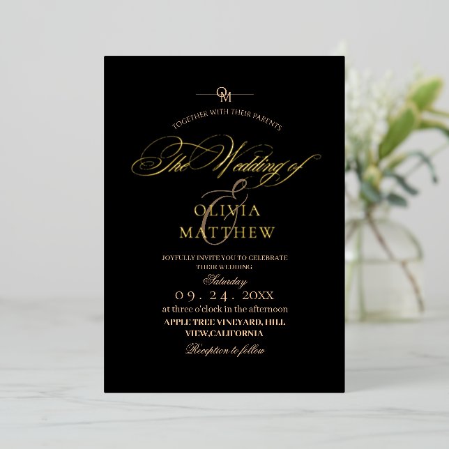  Modern Gold Black and White Photo Wedding Foil Invitation (Standing Front)