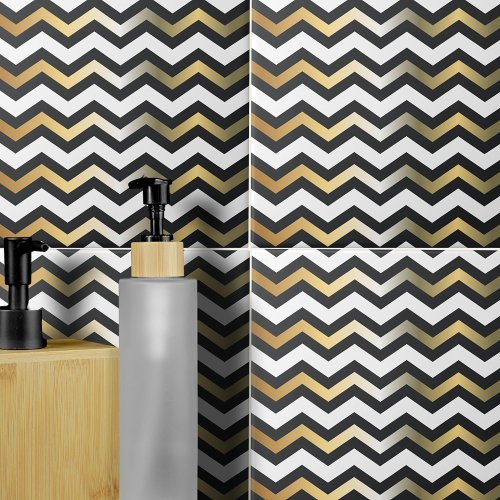 Modern Gold Black and White Zigzag Chevron Pattern Ceramic Tile