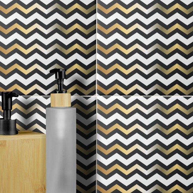 Modern Gold Black and White Zigzag Chevron Pattern Ceramic Tile (Creator Uploaded)