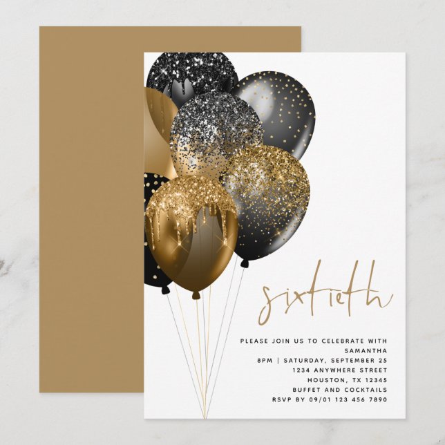 Modern Gold Black Balloons 60th Birthday Party Invitation (Front/Back)