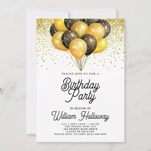 Modern Gold Black Balloons Birthday Party Invitati Invitation