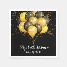 Modern Gold Black Balloons Confetti Grad Party