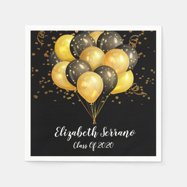 Modern Gold Black Balloons Confetti Grad Party Napkins (Front)