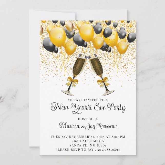 Modern Gold Black Balloons New Year's Eve Party Invitation (Front)