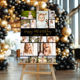 Modern Gold Black Birthday 16 Photo Grid Collage Foam Board