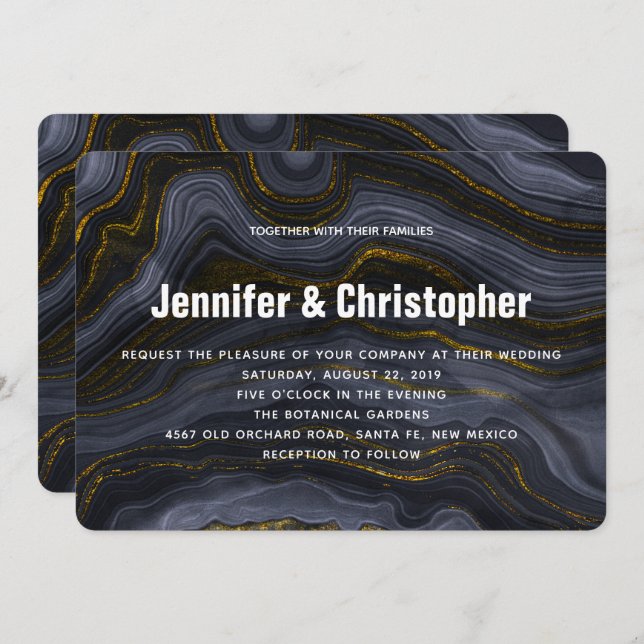 Modern Gold Black Blue-Gray Agate Abstract Wedding Invitation (Front/Back)