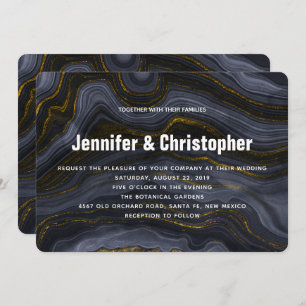 Modern Gold Black Blue-Gray Agate Abstract Wedding Invitation