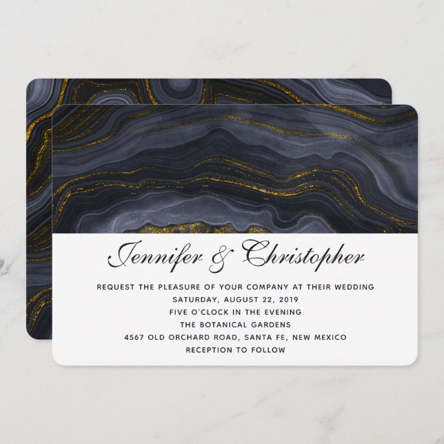 Modern Gold Black Blue-Gray Agate Abstract Wedding Invitation (Front/Back)