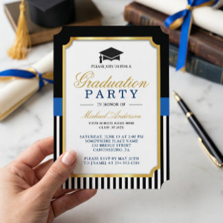 Modern Gold Black Blue Stripes Graduation Party  Invitation