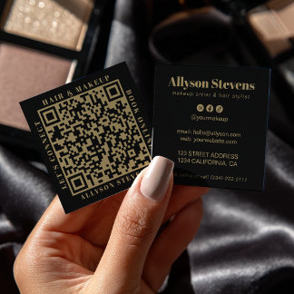 Modern Gold Black Bold QR Code Hair & Makeup Square Business Card