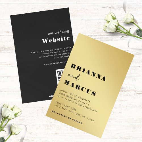 Modern Gold Black Bold Typography QR Code Wedding Invitation