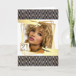 Modern gold black chevron abstract shape 21st card<br><div class="desc">Celebrate your 21st birthday with this modern and chic design featuring black and faux gold zigzag chevron lines that hug the top and bottom edge of the card and form a frame around a faux gold geometric photo inlay that has gold abstract splashes across it. The numbers twenty one appear...</div>