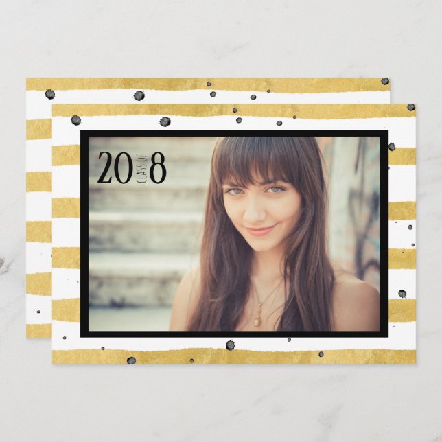Modern Gold & Black Class of Photo Invitations (Front/Back)