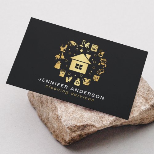 Modern Gold  Black Cleaning Services Business Card