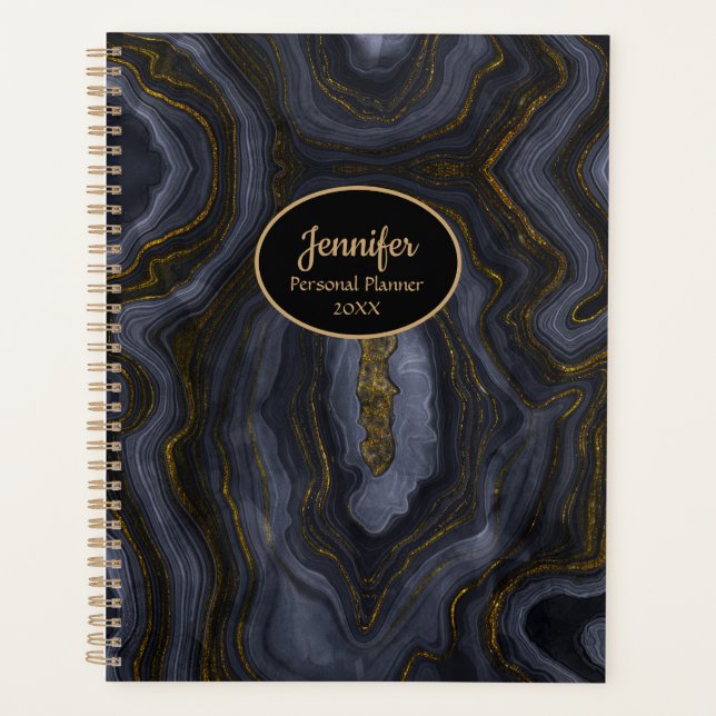 Modern Gold & Black Crystal Agate Personalize Planner (Front)