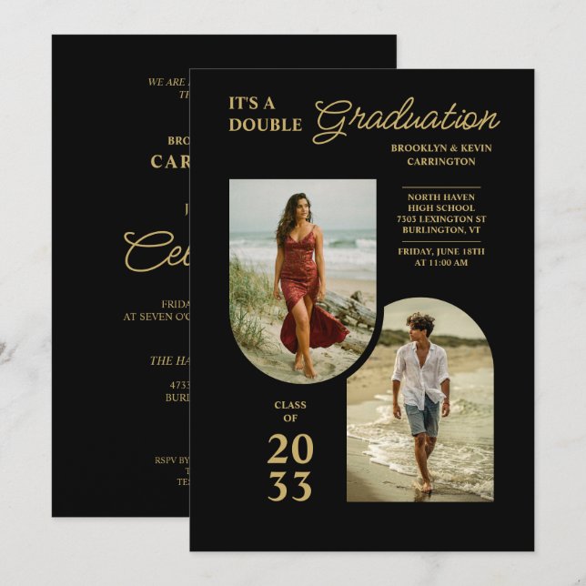 Modern Gold Black Double Grad 2 Photo TMF26 Invitation (Front/Back)