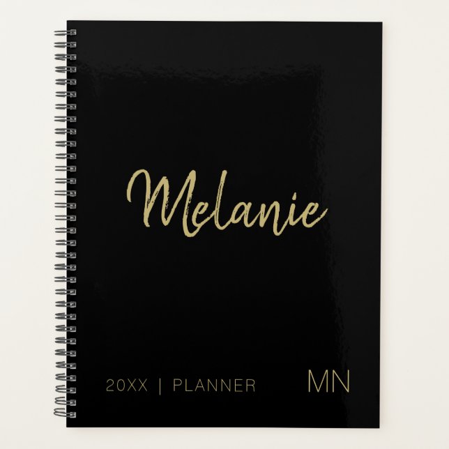Modern Gold Black Elegant Monogram 2023 Planner (Front)
