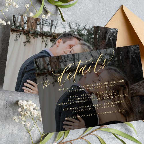 Modern gold black faded photo wedding details enclosure card