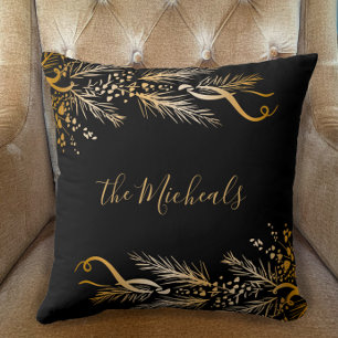 Modern Gold Black Family Name Merry Christmas Throw Pillow