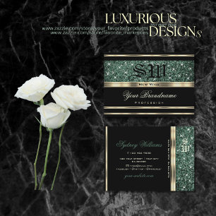 Modern Gold Black Forest Green Glitter Monogram Business Card
